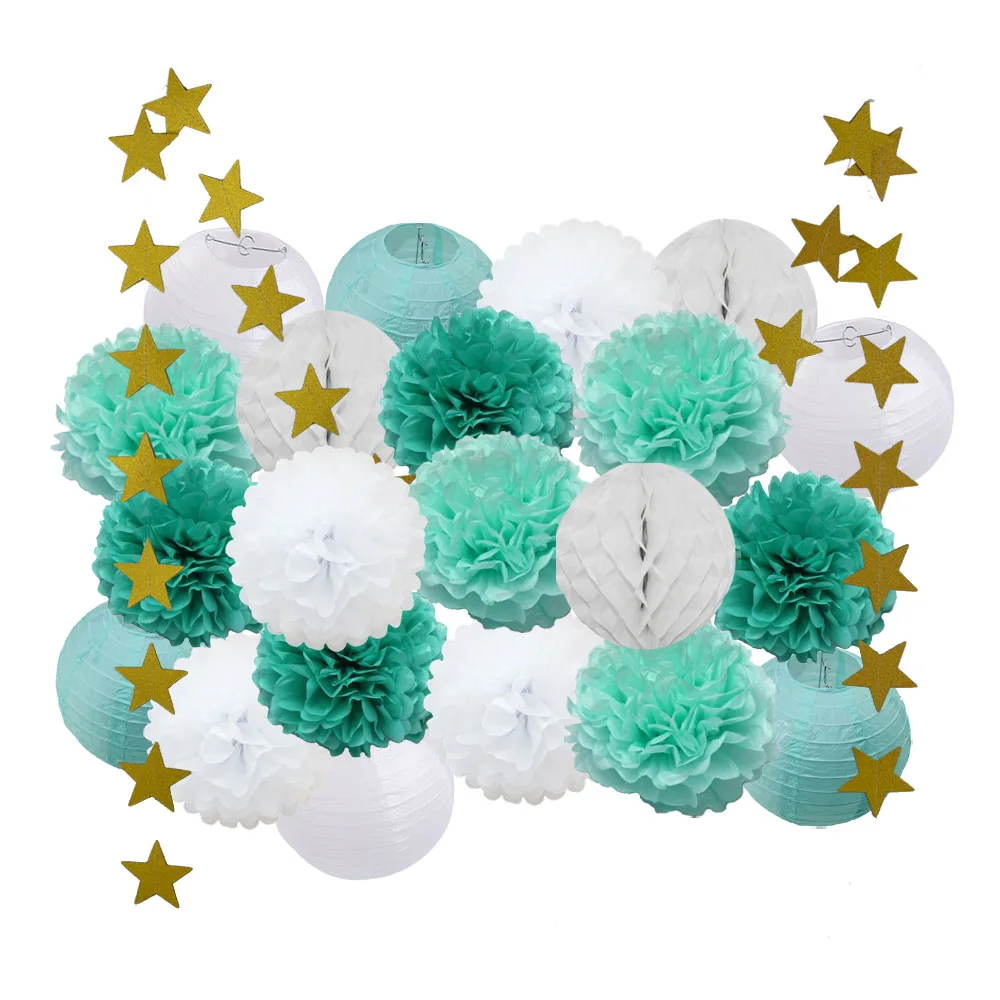 tiffany mint set Для маленьких девочек украшение для детей 22 шт./компл. цвета: розовый, бежевый, голубой комплект круглый Бумага Фонари детей крещение украшения вечерние пользу висит Изделия из бумаги - Цвет: tiffany mint set