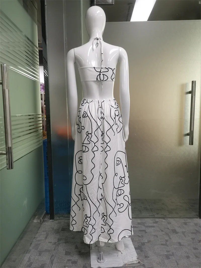 LIYONG Print Sexy Maxi Dress Women Backless Halter Summer Beach Dresses Hollow Out Sleeveless Loose Elegant Party Vestidos 2022