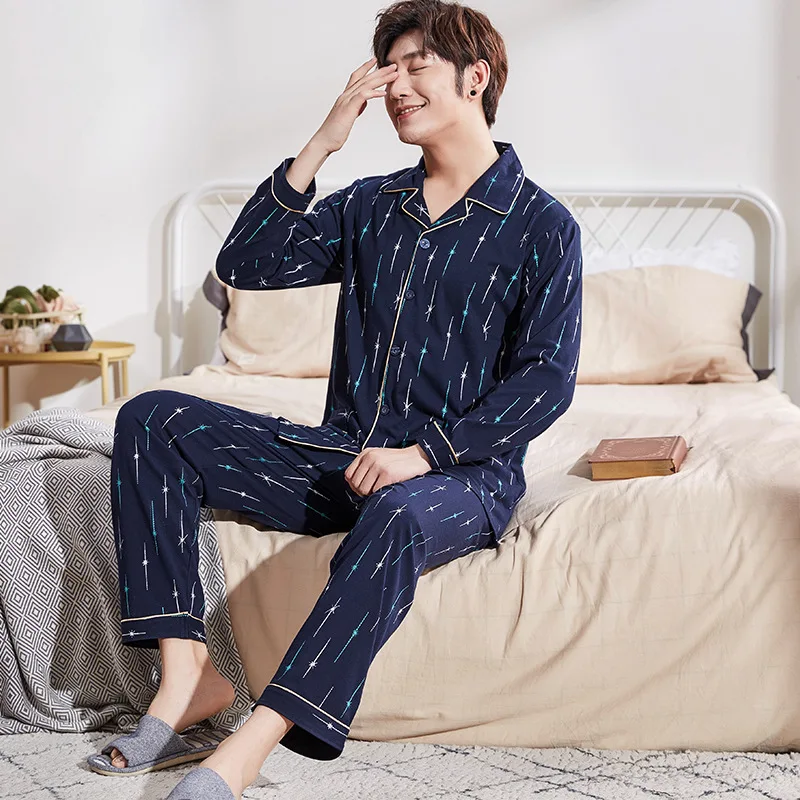 

Spring And Autumn Cardigan Pajamas Men's Long Sleeve Pure Cotton Tracksuit-Outer Wear Men's Young And Middle-aged Set Japanese K