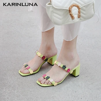 

KarinLuna 2020 New Arrivals Genuine Leather Women Mules Sandals Square Heels Flower Pumps Summer Leisure Woman Shoes