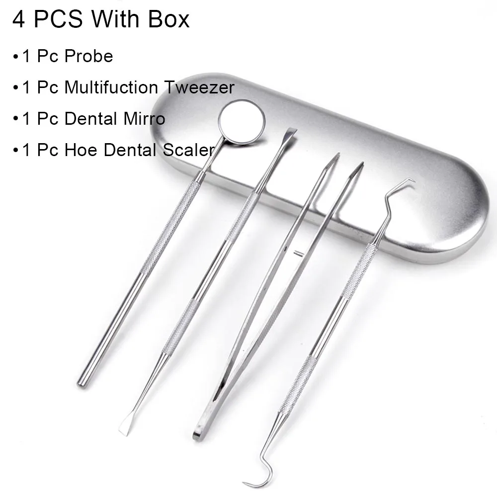 Dental Tool Set Mouth Mirror Stainless Steel Dental Hygiene Kit Tartar Pick Scaler Schraper Remover Teeth Cleaning Oral Care Kit - Цвет: 4PCS set with box