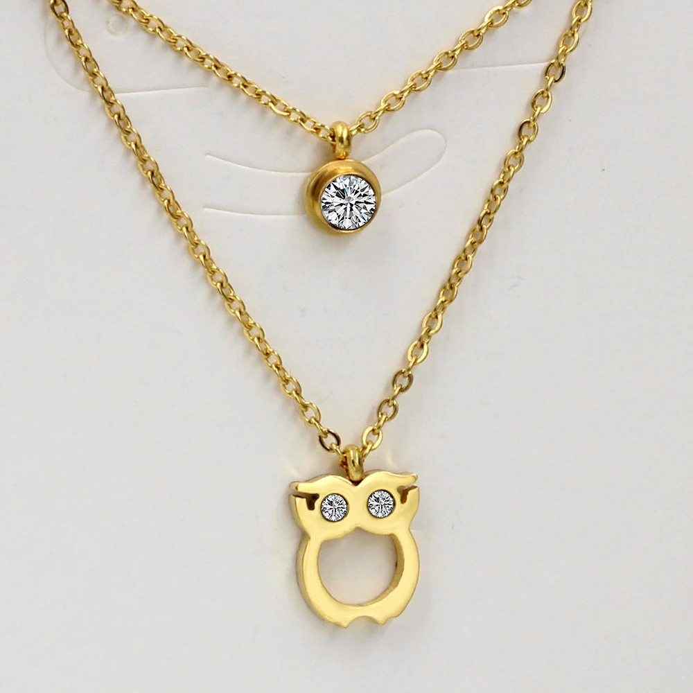 LUXUKISSKIDS 316L Двойная Цепочка Из Нержавеющей Стали Сова Золотая подвеска ожерелье CZ