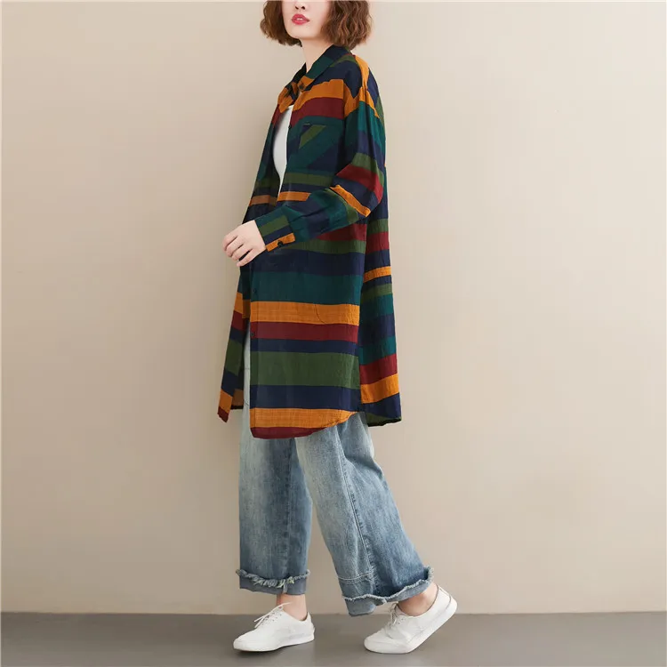 

COIGARSAM Plus Size Vintage Shirt Womens tops Spring Office Lady Striped Cotton Linen Full Sleeve Chiffon Women shirts 9352