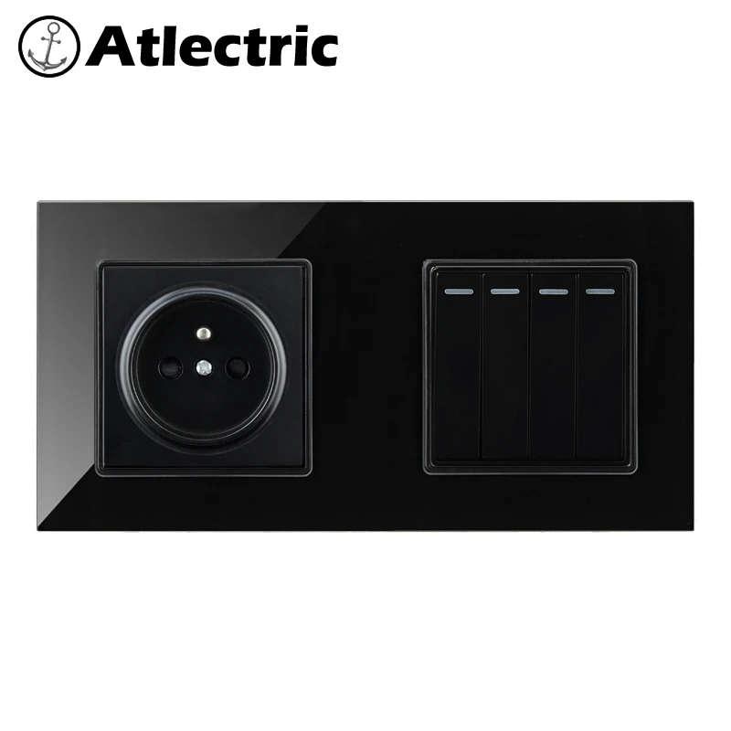 Atlectric FR Стандартный разъем 1 2 3 4 банды лампы кнопка выключателя света двойной настенный, мощность стеклянная панель 3 цвета розетки / выключатель света,переключатель,кнопки,кнопка включения