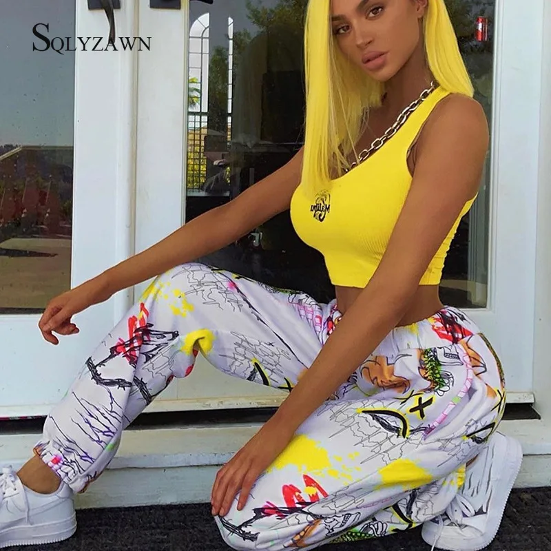 

Harajuku Print Color Block Stright Pants Women Gothic Fall Winter White Black Trouser Korean Streetwear Punk Wide Leg Sweat Pant