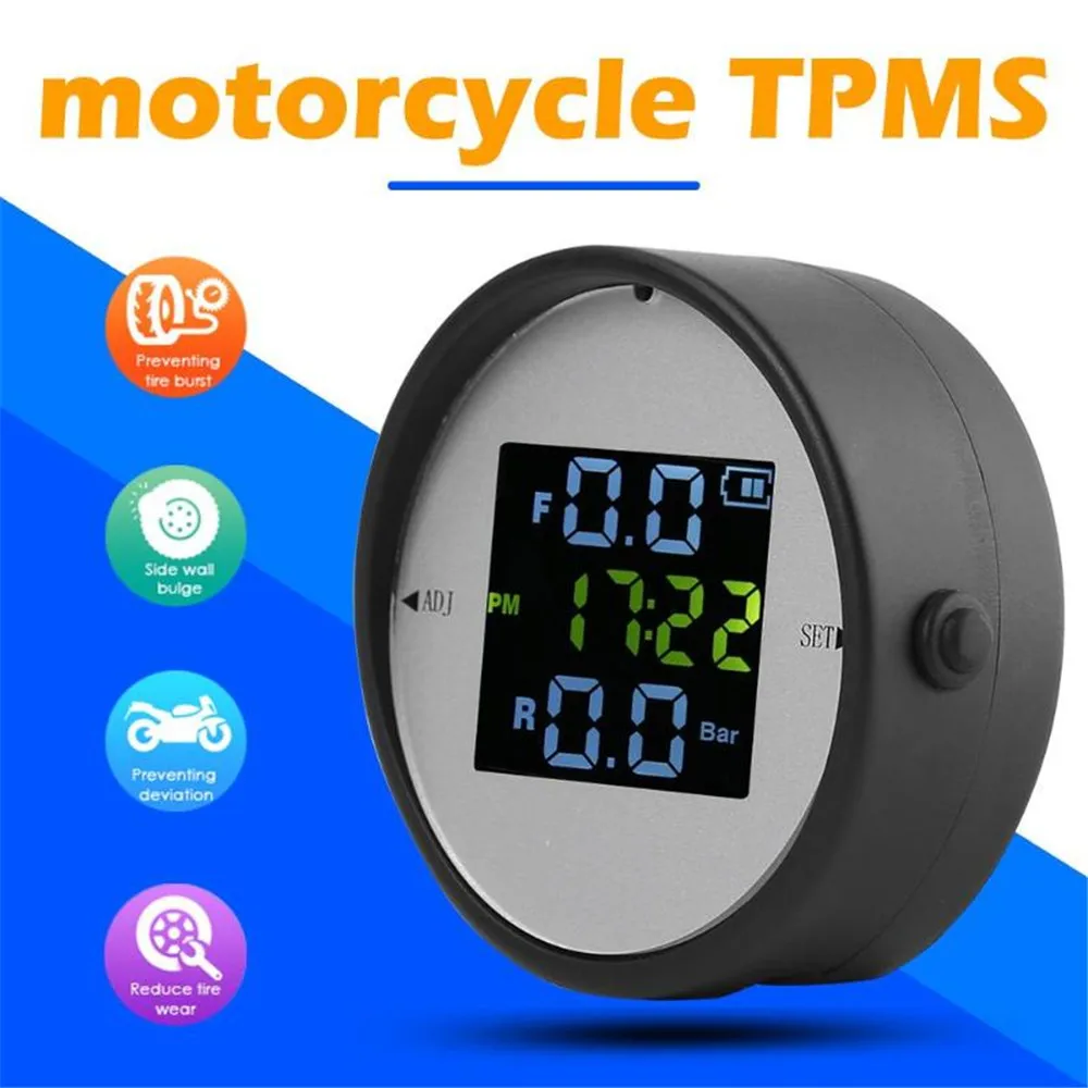 

Wireless LCD Motorcycle Tire Pressure Monitoring System TPMS External Sensor Realtime Monitor Time Display