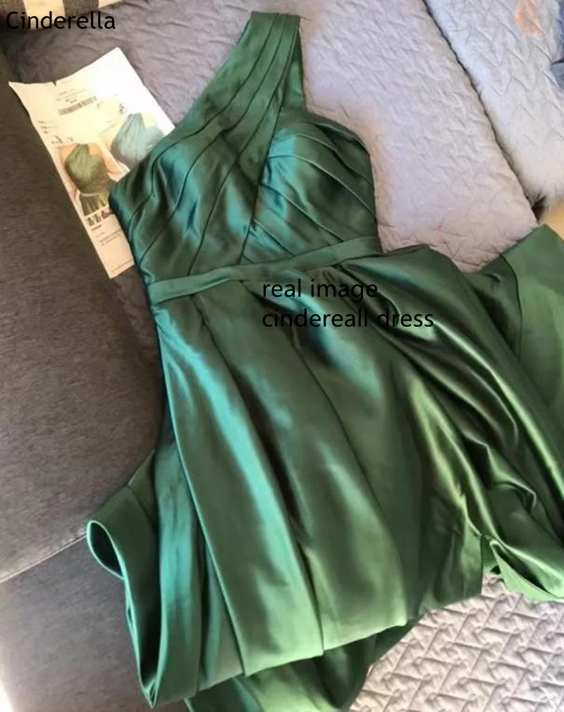 Fashion Prom Dresses robe de soiree Green One Shoulder A-Line Sweep Train Satin Prom Dresses vestidos de fiesta noche