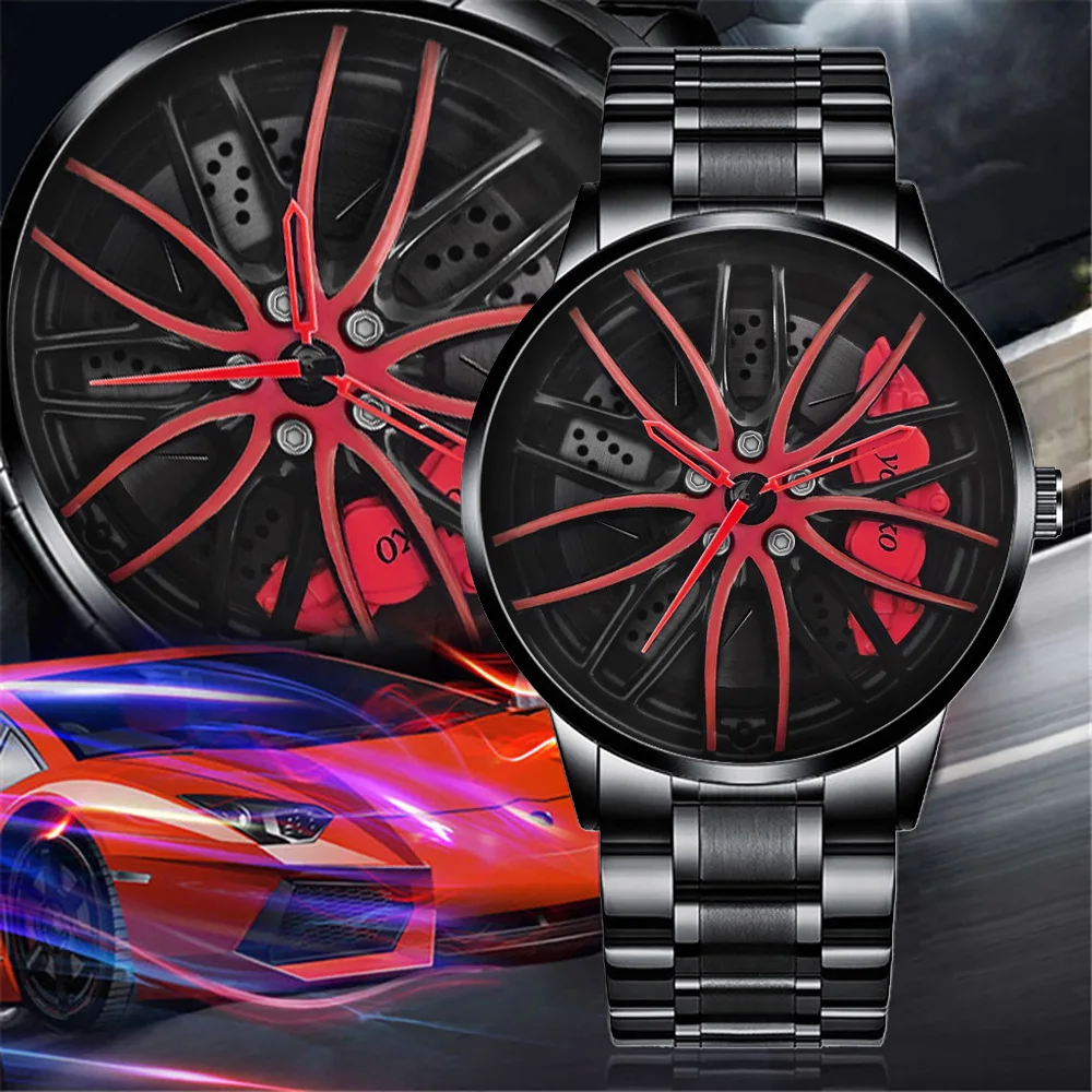 Men Quartz Watch for Waterproof Stainless Steel Strap with Japanese Quartz Movement Car Wheel Rim Hub Design Casual Wristwatch