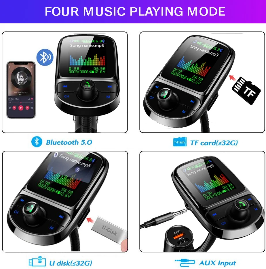 JINSERTA 1," большой экран Bluetooth 5,0 fm-передатчик HiFi стерео Mp3 музыкальный плеер FLAC AUX TF USB музыка QC3.0 быстрое зарядное устройство