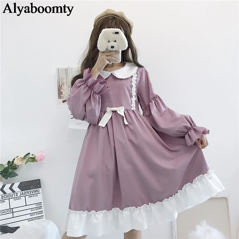 

Japanese Lolita Style Autumn Spring Women Cute Dress Peter Pan Collar Bow Elegant Princess Dress Kawaii Ruffles Cosplay Dresses