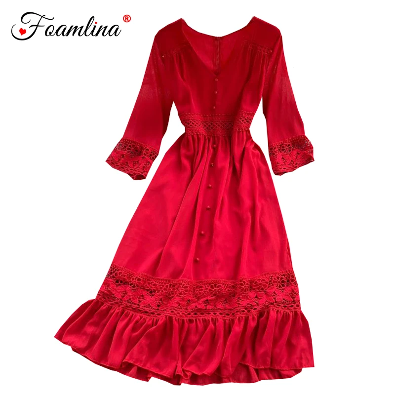 Foamlina Women White Dress New Sexy V Neck 3/4 Sleeve Floral Lace Patchwork Hollow Out Waist A Line Midi Party Beach Dress