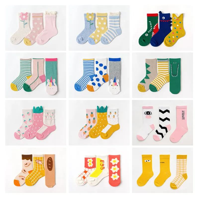 3pcs/lot Fashion Tube Socks Baby Children Super Fashion Cotton Tube Socks Dinosaur Flower Socks Baby Boy Girl All Accessories