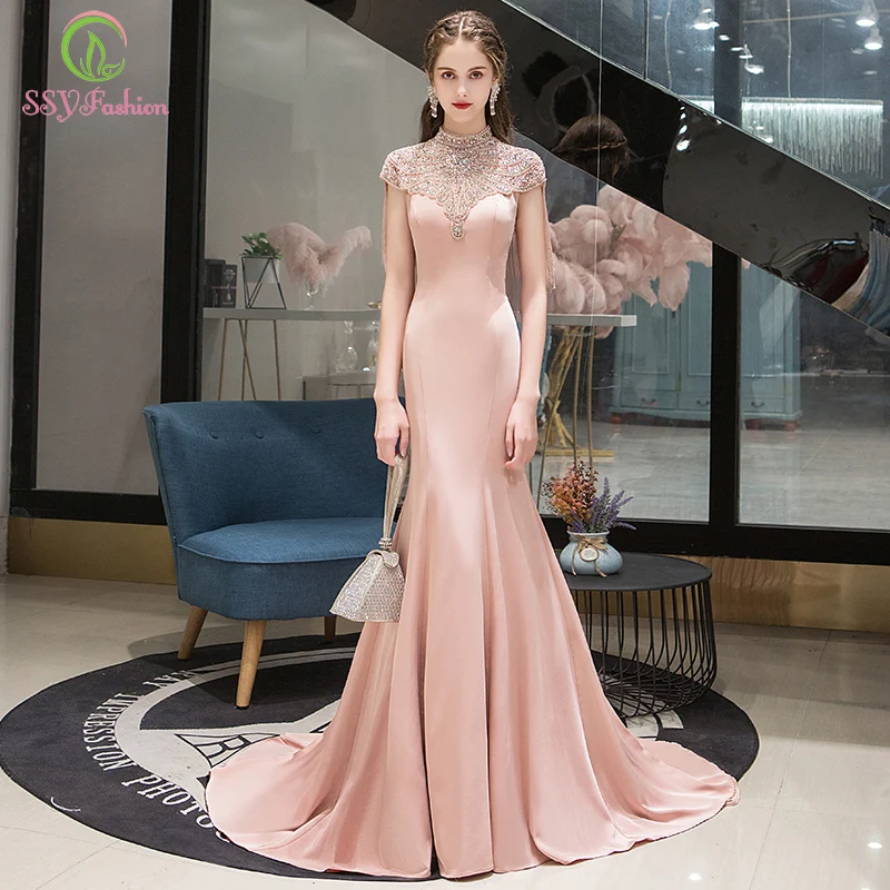 SSYFashion/Новое высококачественное роскошное вечернее платье розового цвета с высоким воротом Русалочки, Длинные Вечерние Платья De Noche