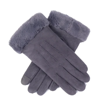 

Winter Female Double Thick Plush Wrist Warm Cashmere Cute Cycling Mittens Women Suede Leather Touch-Screen Driving Glove