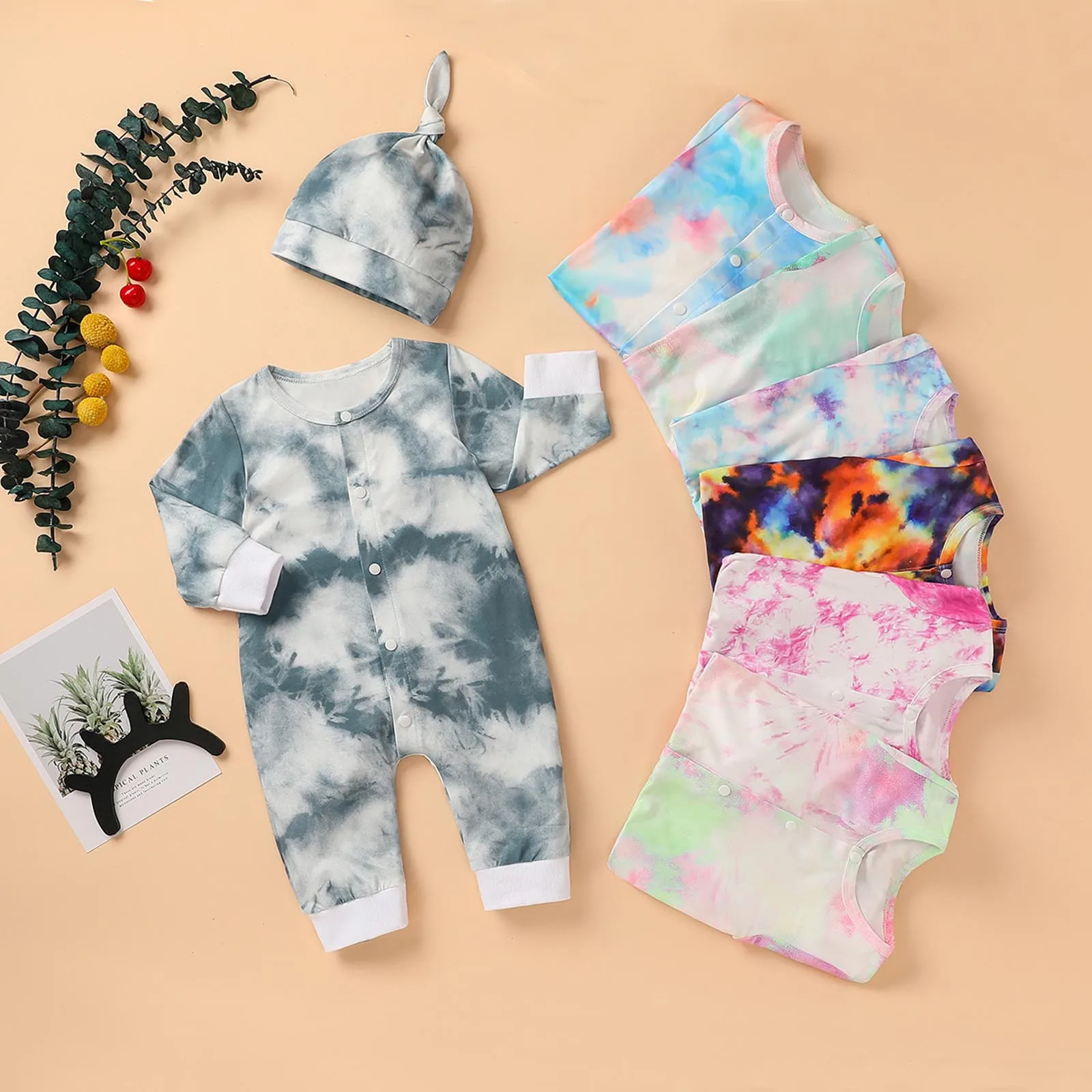 Baby Clothes Baby Clothes Girls Sets Boys Romper Long Sleeve Tie-dyed Jumpsuits Clothes Overalls With Hat детская одежда 2