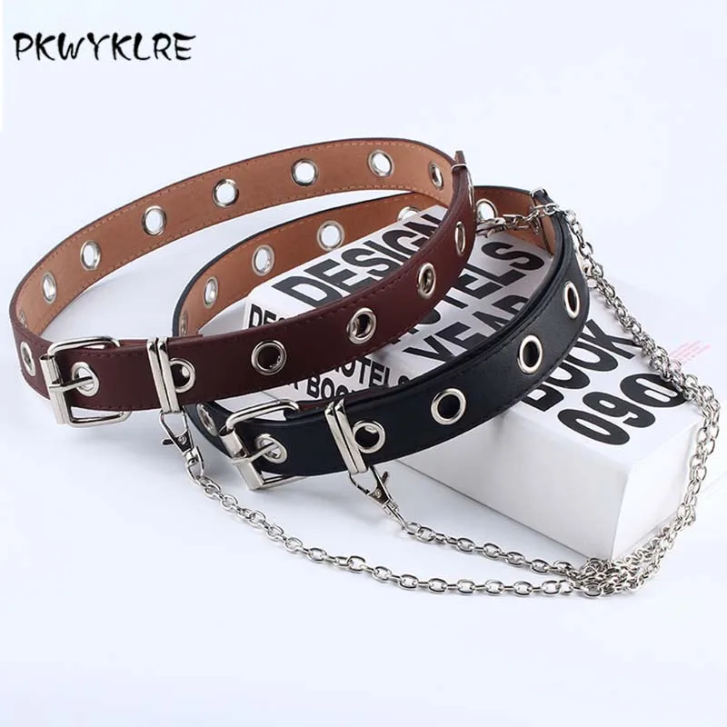 PKWYKLRE shipping женский панк цепь модный пояс регулируемый черный двойной/одинарный люверс втулка кожаный ремень пряжка