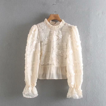 

women fashion puff sleeve sequins appliques stitching blouses shirts women stand collar pleated ruffles blusas chic tops