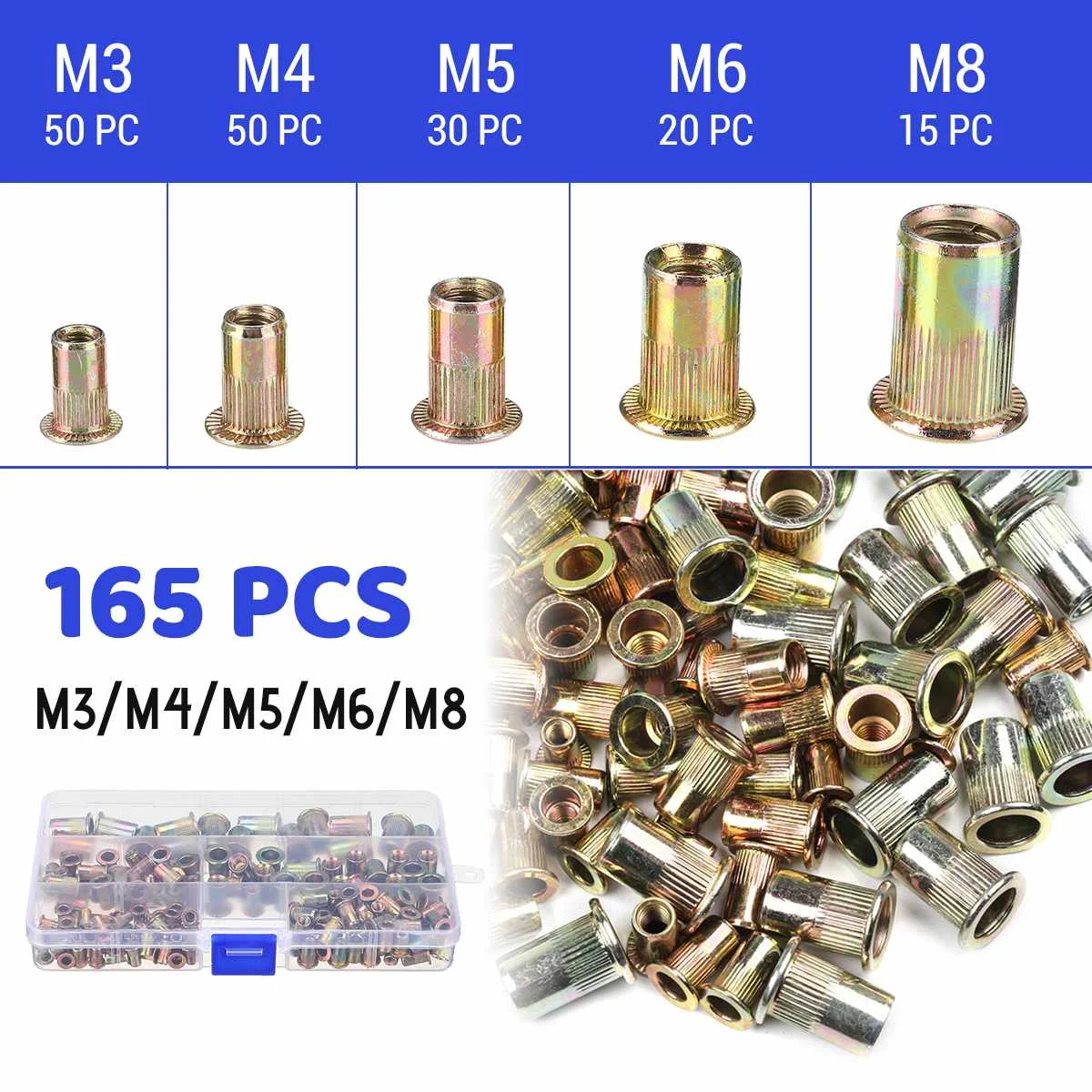 100/165/300 PCS Carbon Steel Zinc Plated Rivet Nuts Flat Head Threaded Rivet Insert Nutsert Nut Assortment Kit M3 to M12