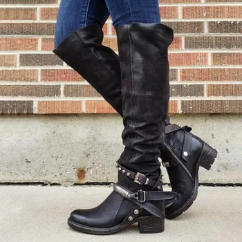 

Buckle Zipper Women Boots Low Heels Knee High Boots 2020 Fashion Soft PU Leather Shoes Rivets Female Casual Booties Mujer Botas