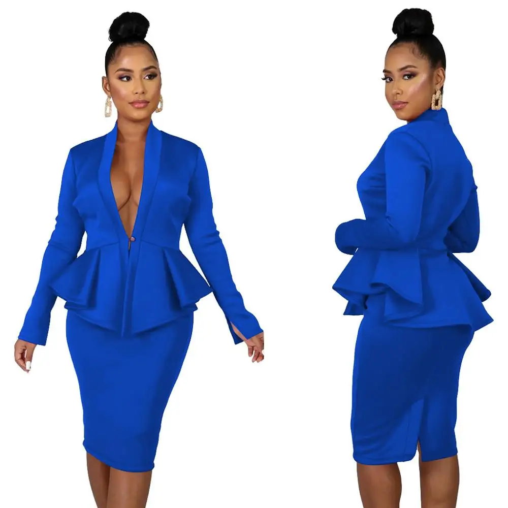 Blue Комплект из двух предметов, Женская юбка, новинка, длинный рукав, оборки, рубашка, топ и юбка-футляр, длина до колен, элегантная одежда для офисных леди - Color: Blue