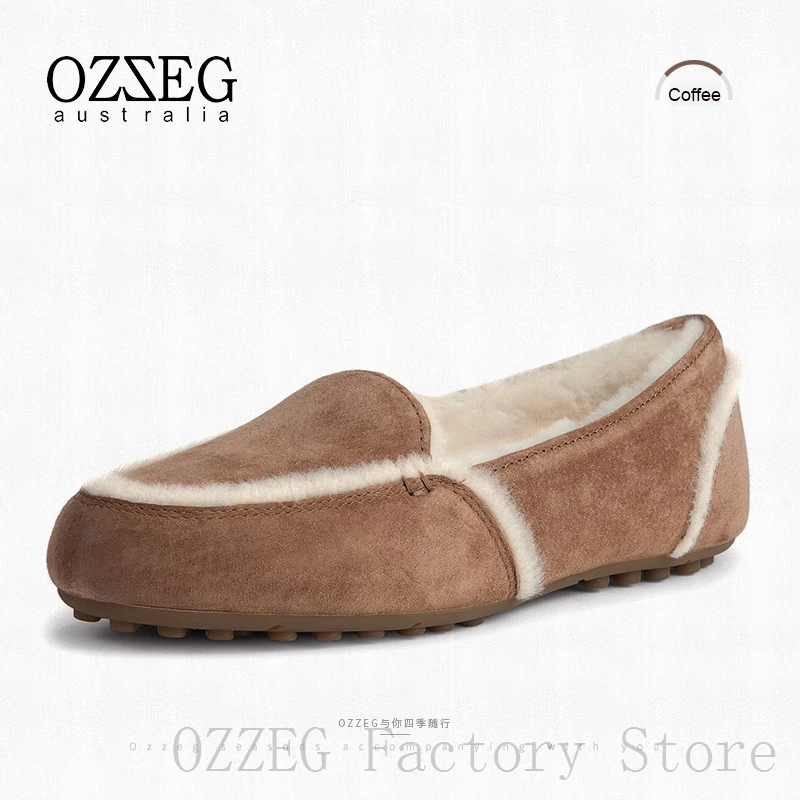 OZZEG/Роскошная брендовая дизайнерская обувь; женские зимние лоферы из натуральной кожи на плоской подошве с австралийским овечьим мехом; женская обувь; цвет розовый, коричневый, серый, кофейный - Цвет: Coffee