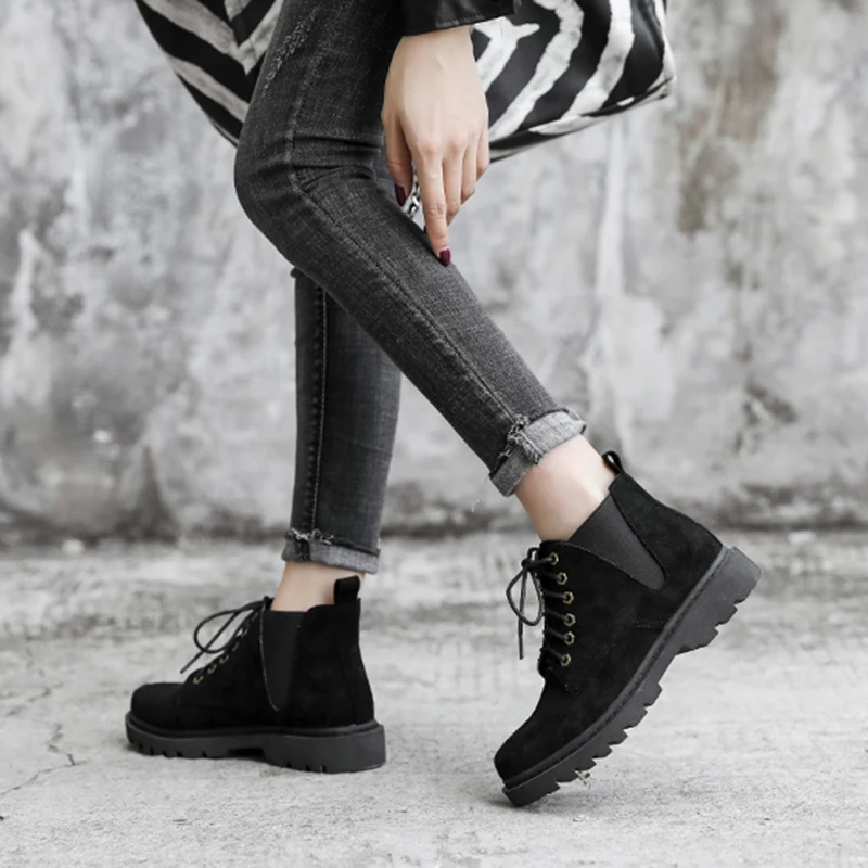 [DEAT] Round Toe Bandage Matte Leather Single Casual Thick Bottom Women Short Boots New Autumn Winter Fashion Tide 10E945
