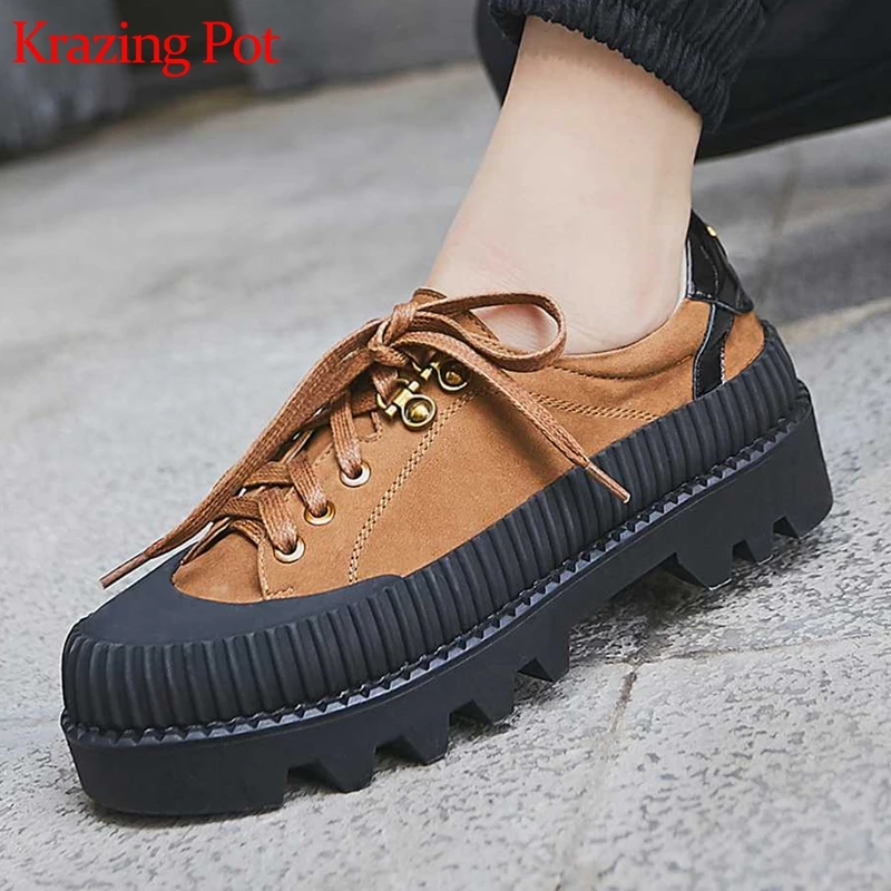 

Krazing Pot cow suede lace up leisure mixed color neutral design mature lady high quality sneaker round toe vulcanized shoes L27