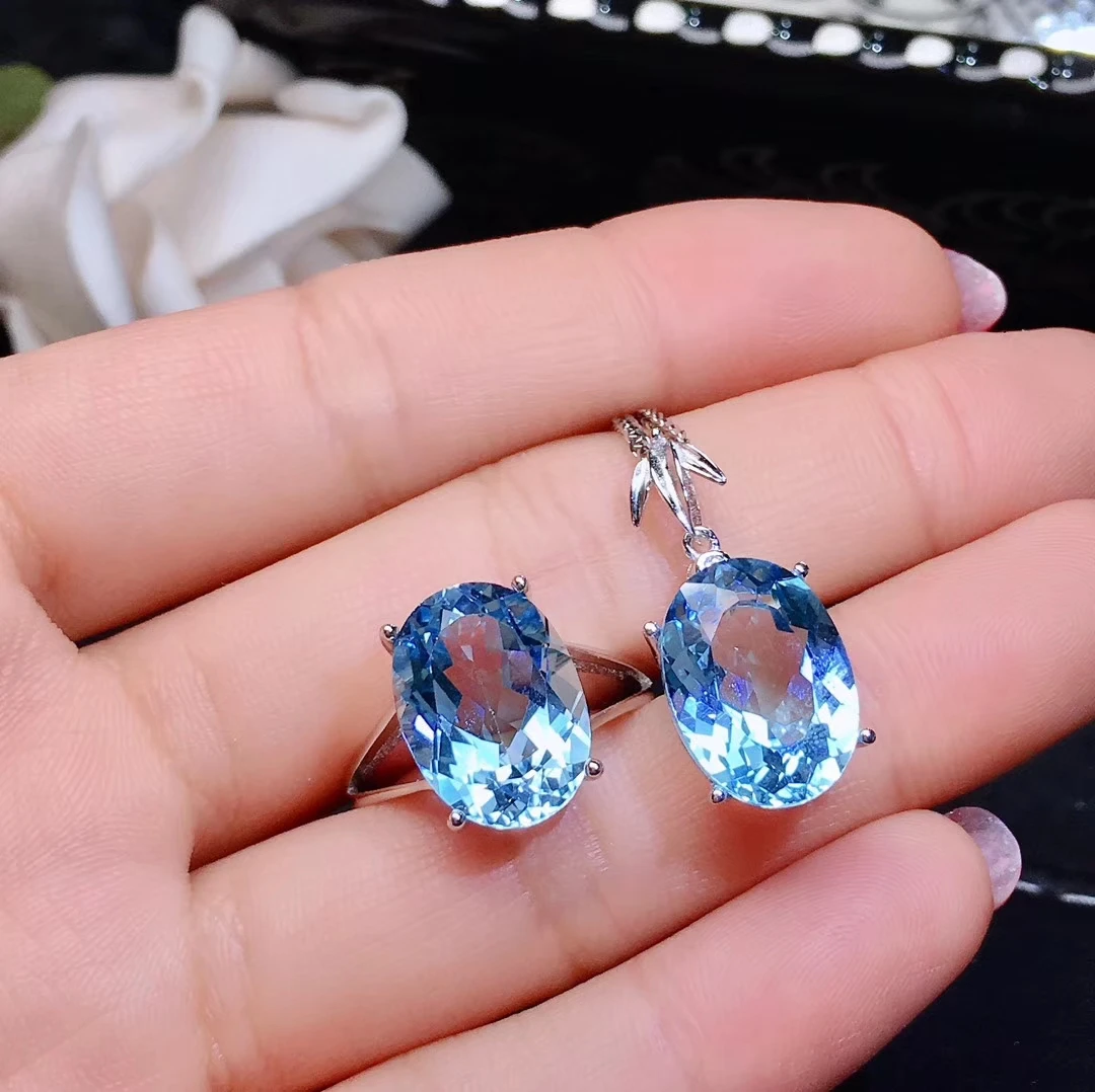 Natural blue topaz jewelry sets natural gemstone ring Pendant S925 silver Elegant Cute leaves woman girl party gift jewelry