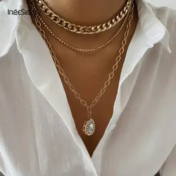 

IngeSight.Z Punk Multi Layer Crystal Curb Miami Cuban Choker Necklace Collar Retro Rhinestone Pendant Necklace for Women Jewelry