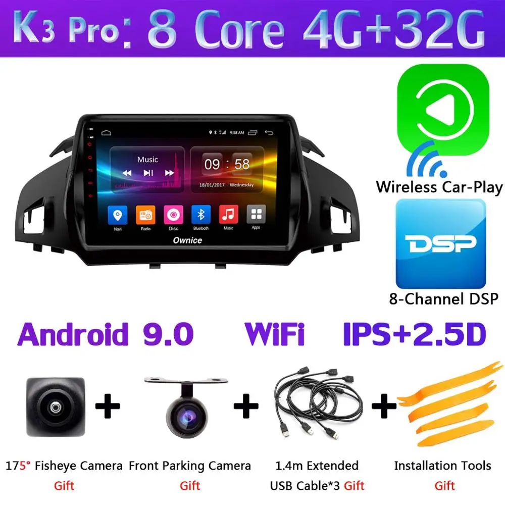 Панорамная камера 360 ° 4G SIM WiFi Android 9,0 4G+ 64G SPDIF DSP CarPlay Автомобильный плеер для Ford Kuga 2013- C-Max gps радио - Цвет: K3 Pro CarPlay