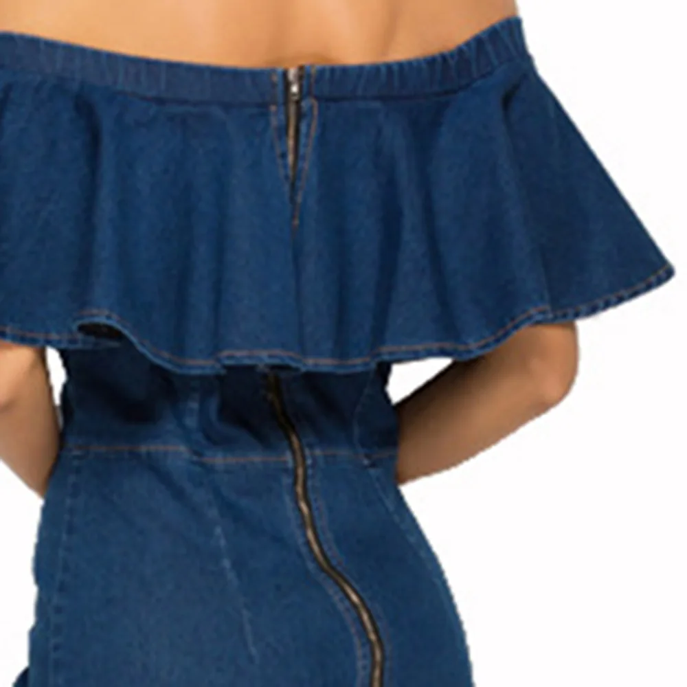 Синее джинсовое платье, женское летнее джинсовое платье, сексуальное элегантное платье с открытыми плечами и открытой спиной, Клубные вечерние обтягивающие платья-миди на молнии