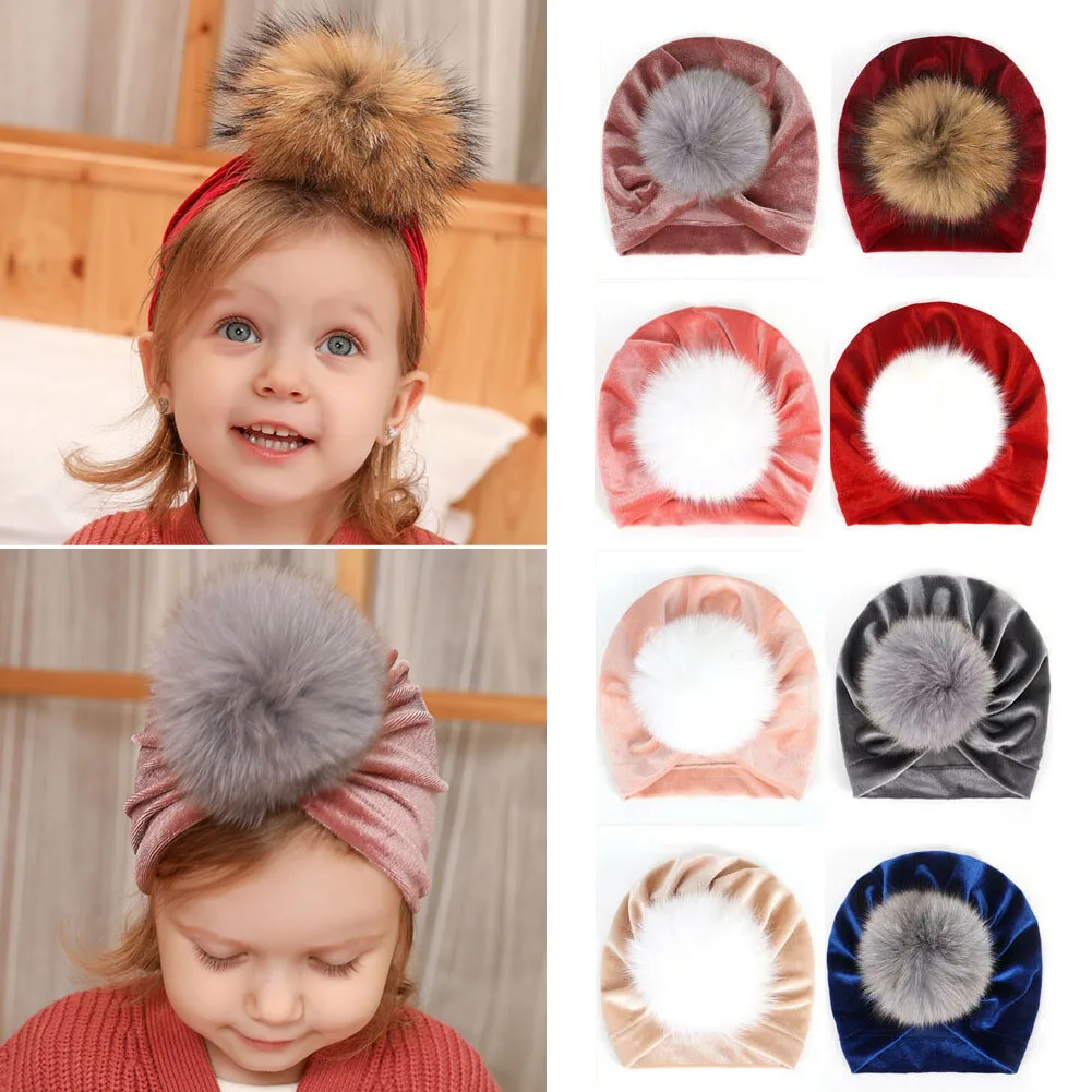 Autumn Winter Hat Baby Girl Toddler Faux Fur Pom Pom Beanie Turban Green Velvet Hat Fashion 1-2yrs