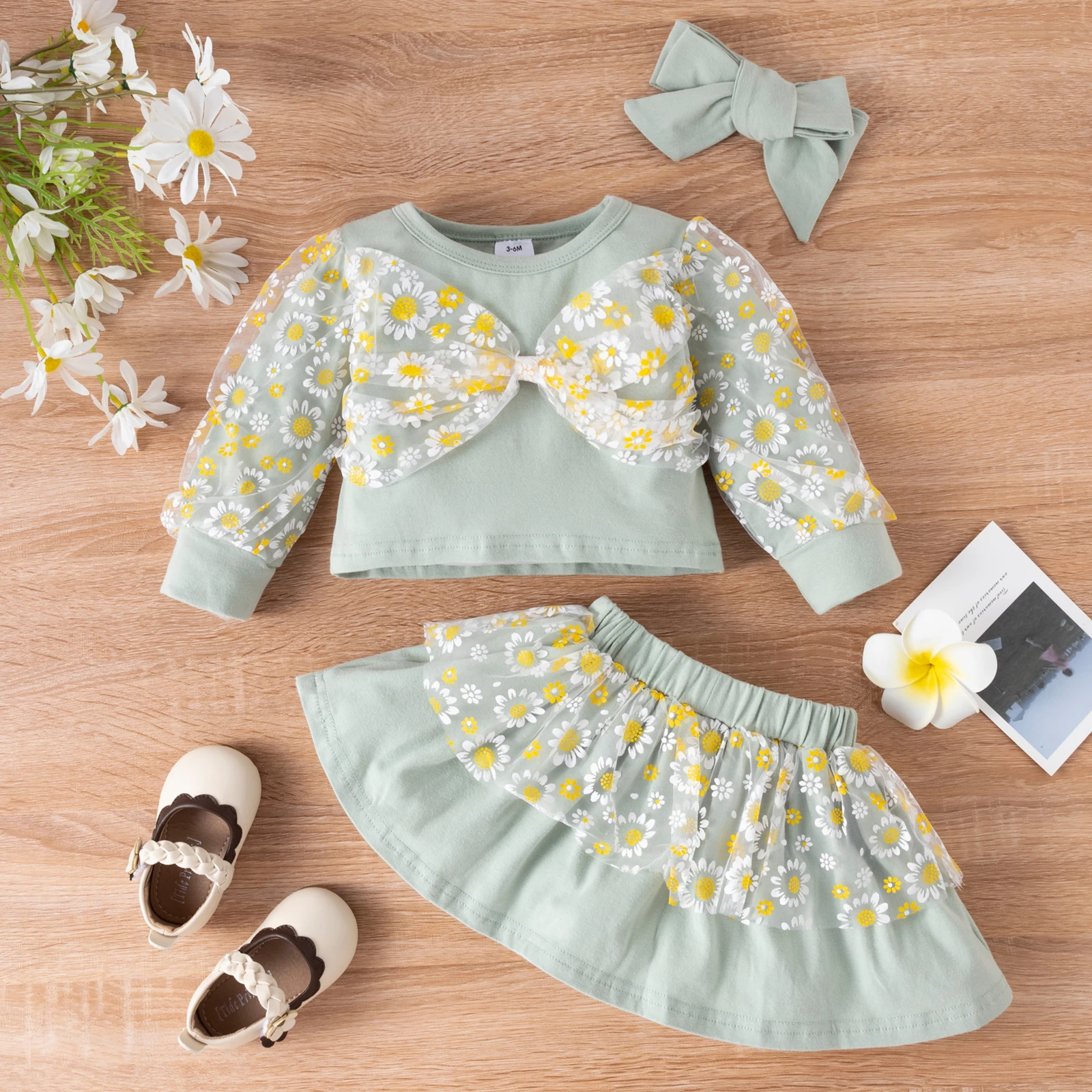 Infantil bebê menina outfits bonito margarida impressão malha retalhos de  duas peças bowknot manga comprida camisolas + mini saias + arco bandana 0  3y|Conjuntos de roupas| - AliExpress