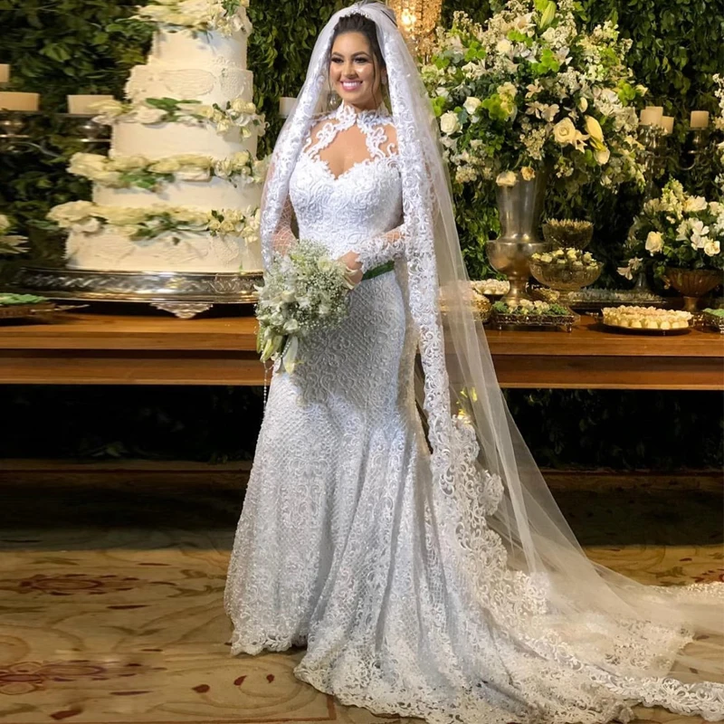 

luxury sexy Dubai Lace Mermaid Wedding Dresses Full Sleeve High Neck Sequined Bridal Dress Wedding Gowns Robe De Mariee