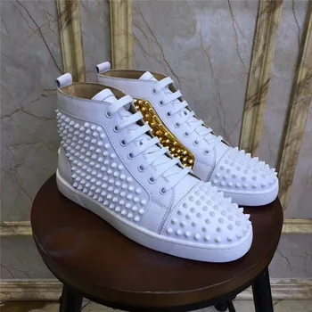 

Casual Style Men's Flats Shoes High Top Sneakers Men White Gold Spikes Round Toe Tenis Masculine New Brand Designers Chaussures