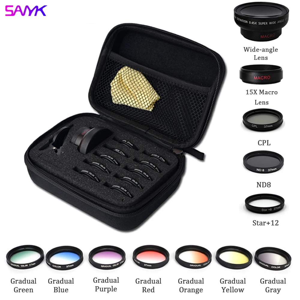 0.45 x phone lens SANYK 12 In 1 Mobile Phone Lens  Filter Set 0.45x Wide-angle 15x Macro 37mm Starlight Dimming Cpl Gradient Filter phone zoom lens Lenses