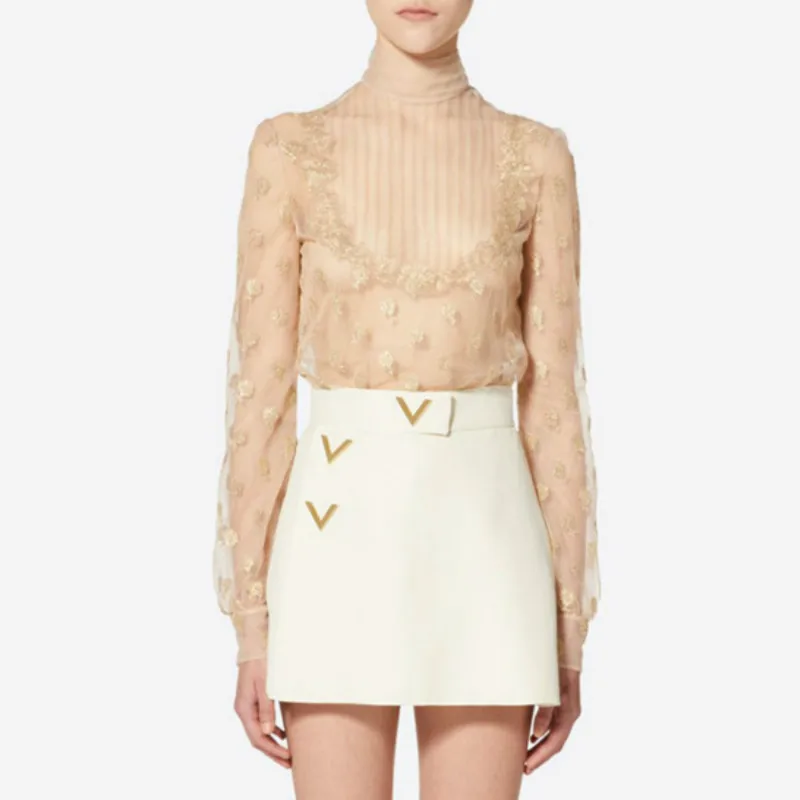 Женская блузка с вышивкой кружевная дизайнерская из двух предметов лето-осень |