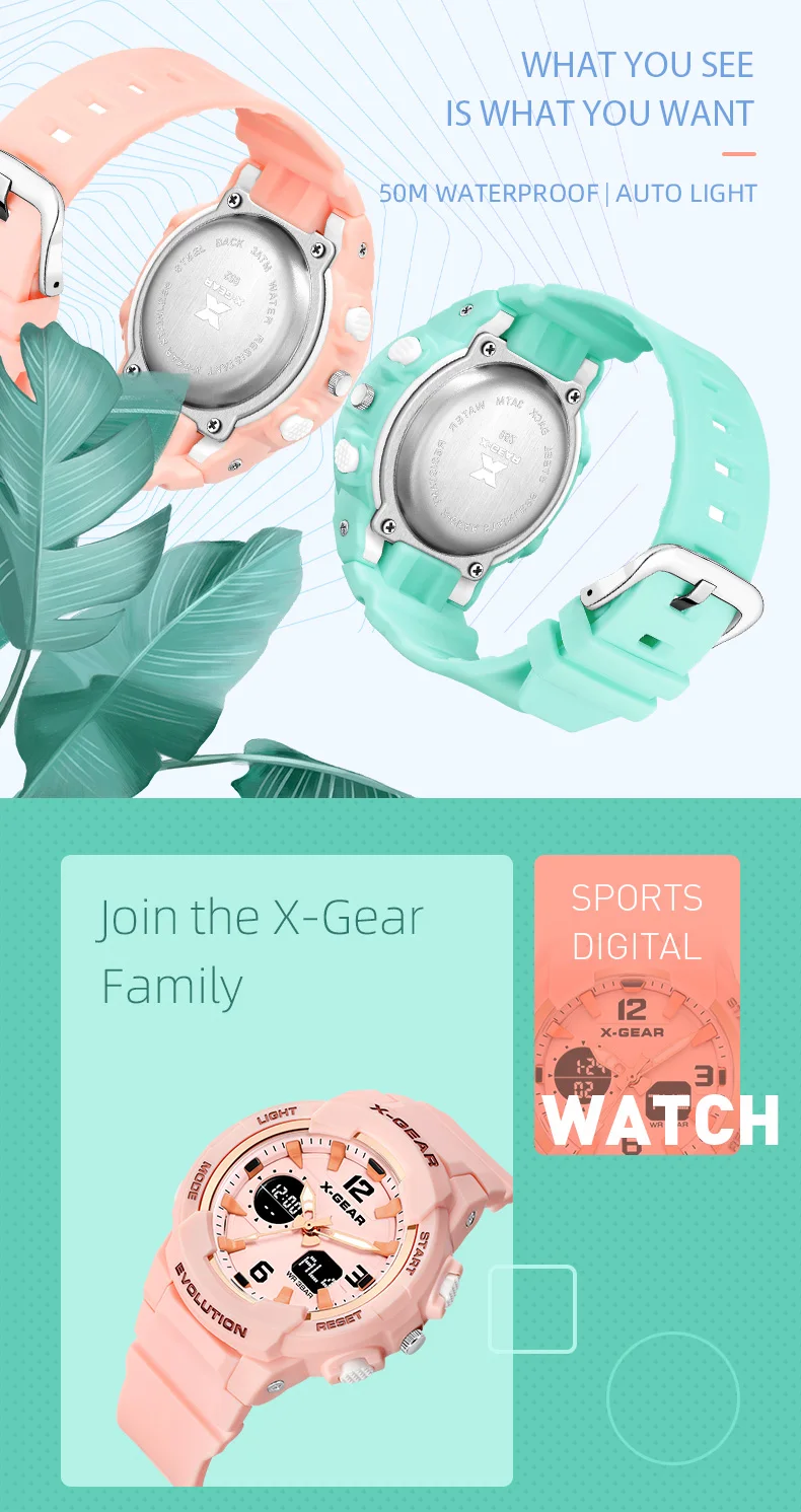 X-GEAR, женские часы, водонепроницаемые, розовое золото, спортивные часы, для девушек, 952, часы, повседневные, розовые, для девушек, часы, для женщин, кварцевые, цифровые часы, светодиодный