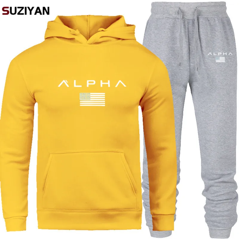 Мужские наборы с принтом Alpha Sweatsuit, спортивный костюм, брендовый спортивный костюм, спортивный костюм, Большой размер, мужская спортивная одежда, куртки с капюшоном и штаны - Цвет: SET10-ALPD