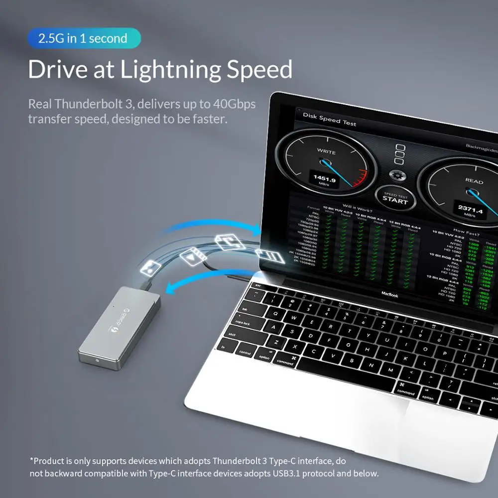 Чехол ORICO Thunderbolt 3 M.2 NVME SSD поддержка 40 Гбит/с алюминий с кабелем для Mac Windows жесткий