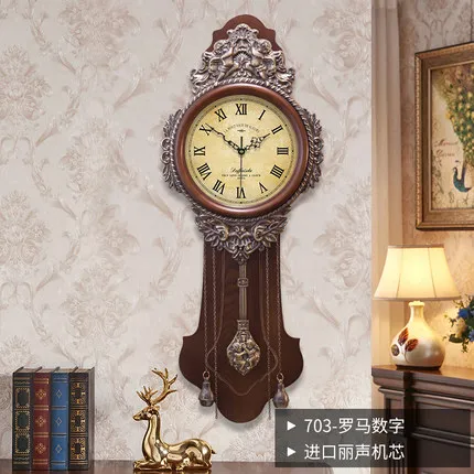 Роскошные европейские Большие настенные часы для гостиной деревянный настенные часы домашний Декор Твердые кварцевые немой ретро большие часы деревянные - Цвет: Черный