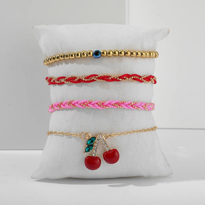 Docona Boho вишня очаровательные Многослойные по низкой цене Для женщин с розой для девочек; красные вечерние туфли с плетеным ремешком цепь браслет комплект ювелирных изделий 4 шт./компл. 9000