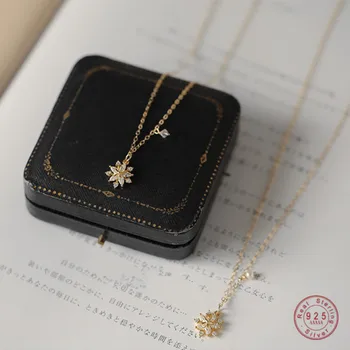 925 Sterling Silver Simple Pavé Zircon Snowflake Sun Flower Pendant Necklace Women 14K Gold Plated Wedding Jewelry Accessories