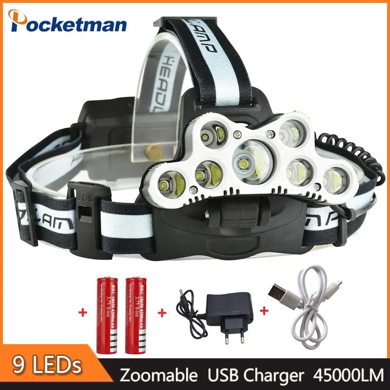 

80W 9Leds Super Bright T6 head light lamp Flashlight Torch head light with USB rechargeable 18650 battery best for Camping