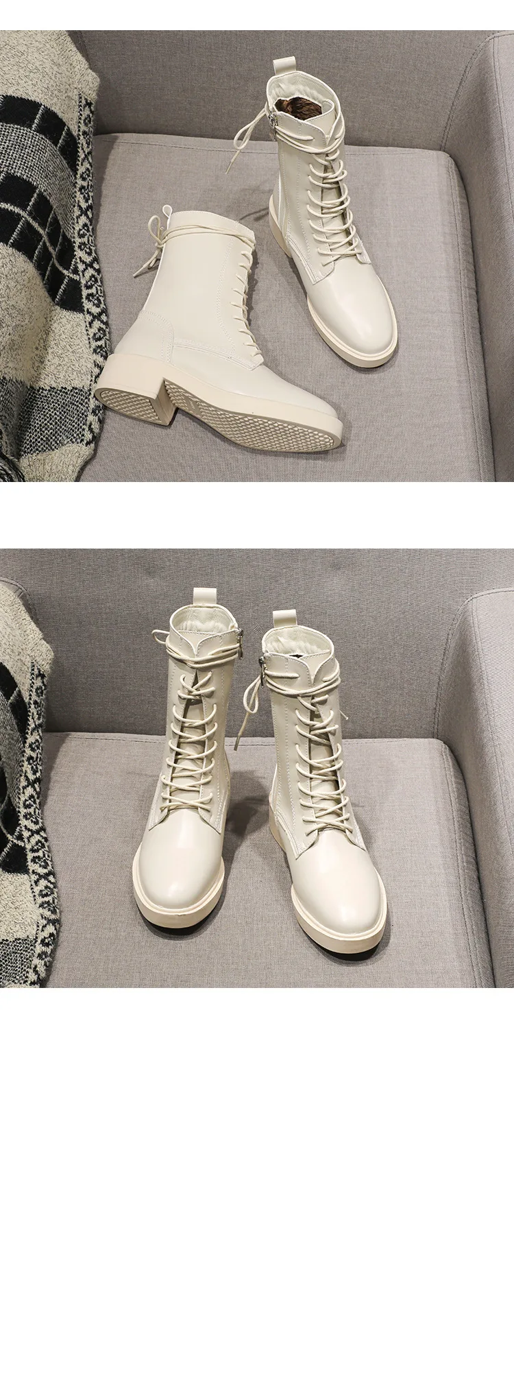 Leather Martin booties ladies plush fur british motorcycle snow botas winter creepers cross-tied mid high boots women shoes