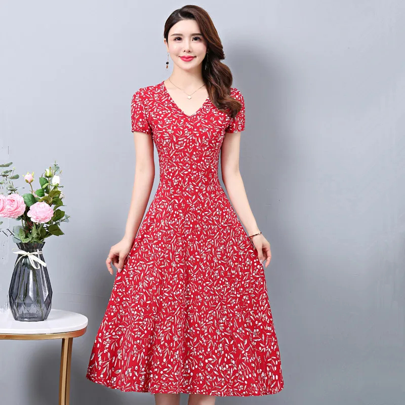 2024 Summer Women casual Dresses Middle-aged Casual Short sleeve High Waist  Flower Print Party Dress Female Dress Vestidos - AliExpress