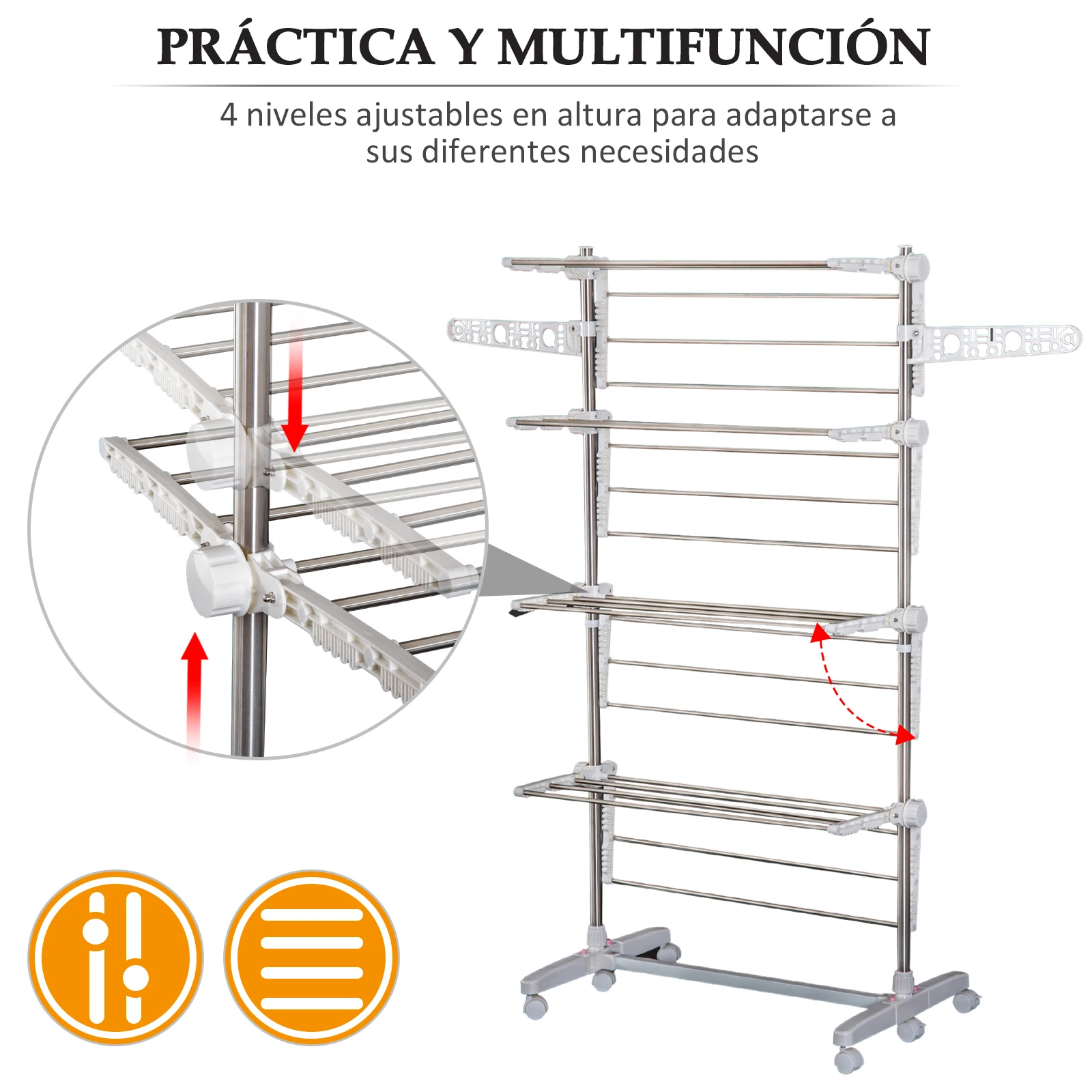 HOMCOM Tendedero Ropa Plegable 6 Ruedas 4 Niveles (80-142)x55x178 cm  Estante Tubo Acero Lavanderia Tendero