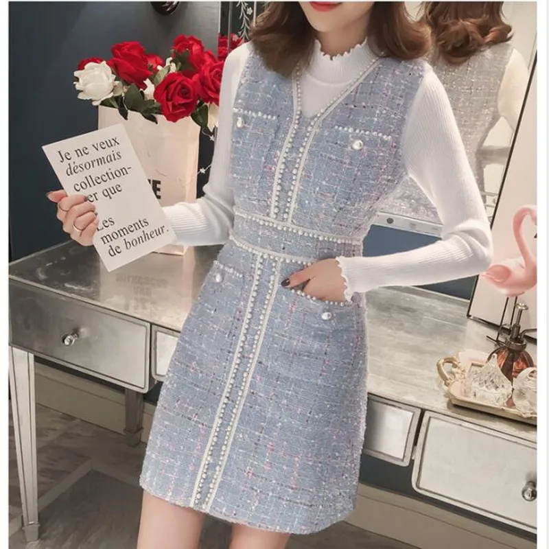 Sweater and Dress Модное короткое платье из твида с бусинами и жемчугом, свитер, комплект из 2 предметов, Осень-зима, женское милое платье с v-образным вырезом и карманом, офисное платье - Цвет: Sweater and Dress