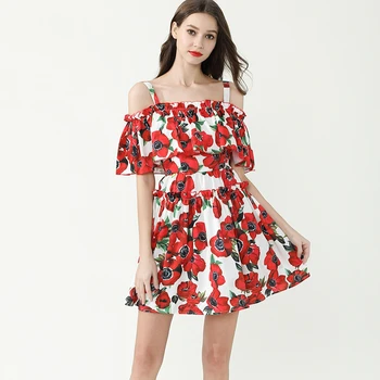 

Floral Print Club Party Dress Sweet Slash Neck Off The Shoulder Fuffles Summer Dresses High Waist Women Min Sexy Dresses TA255