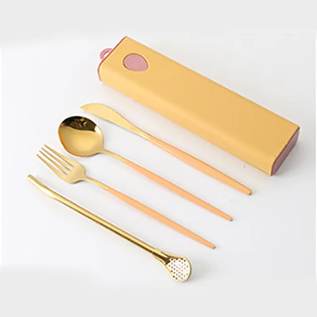 3PCs/4PCs Glossy Stainless Steel Tableware Spoon Fork Knife Straw Reusable Travel Cutlery Set Camp Utensils Set Portable Case A-Orange